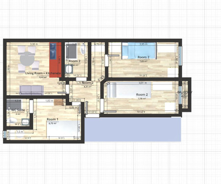 Apartment with 3 bedrooms with 2 bathrooms and A/C