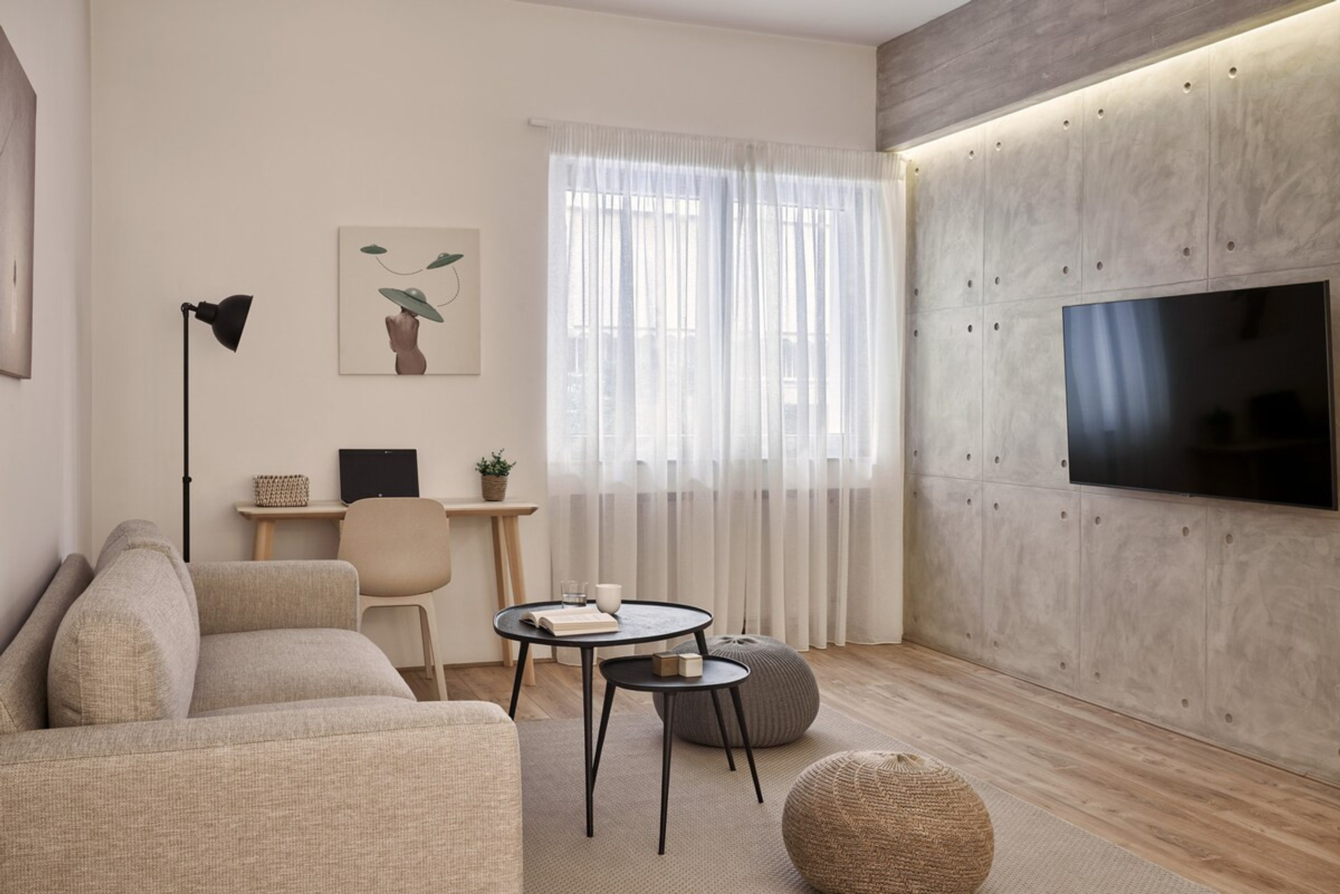 The spacious living room and the working space