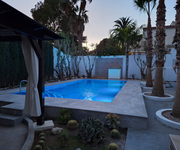 Pool at dusk with palms