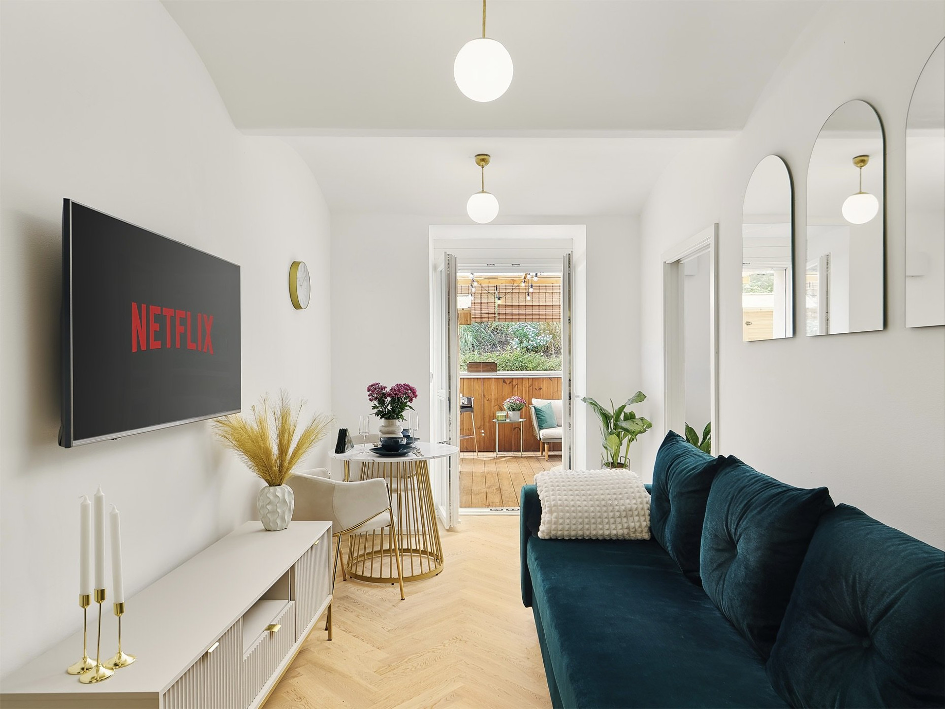 Bright living room with Netflix TV