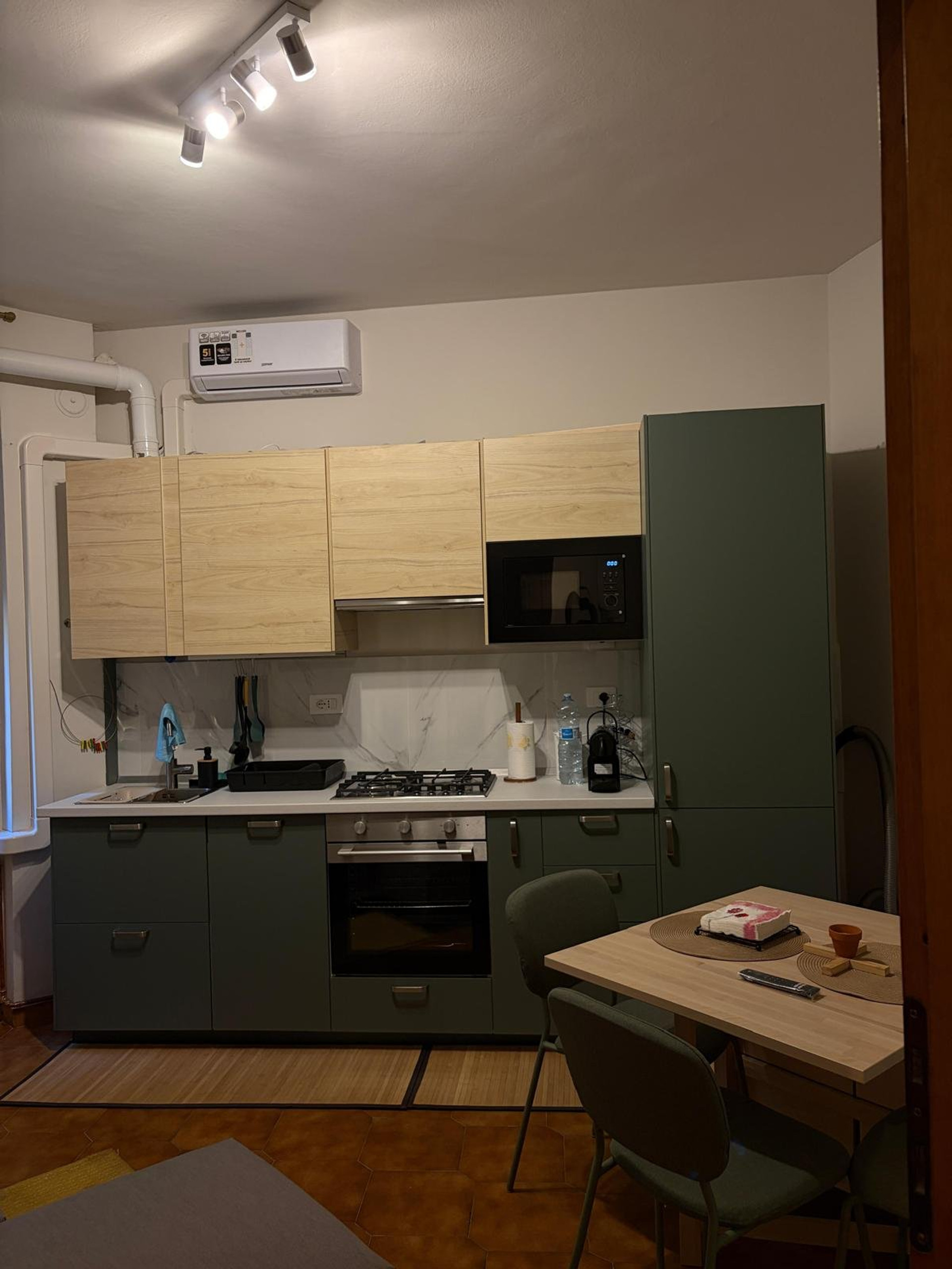 Green kitchen with appliances
