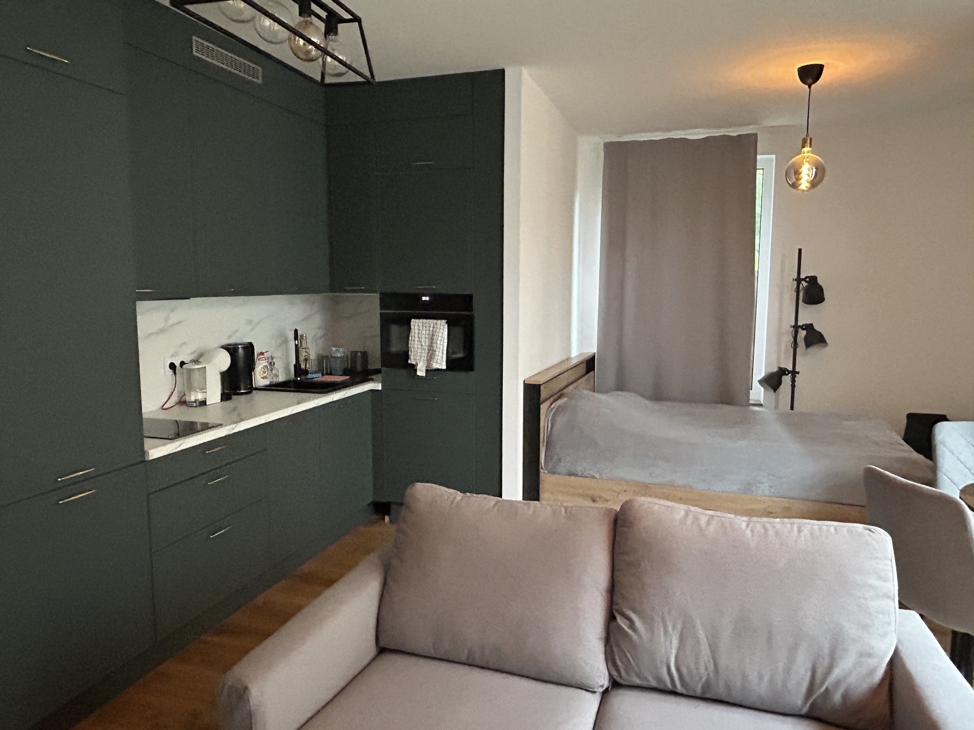 Living area with kitchen and bed