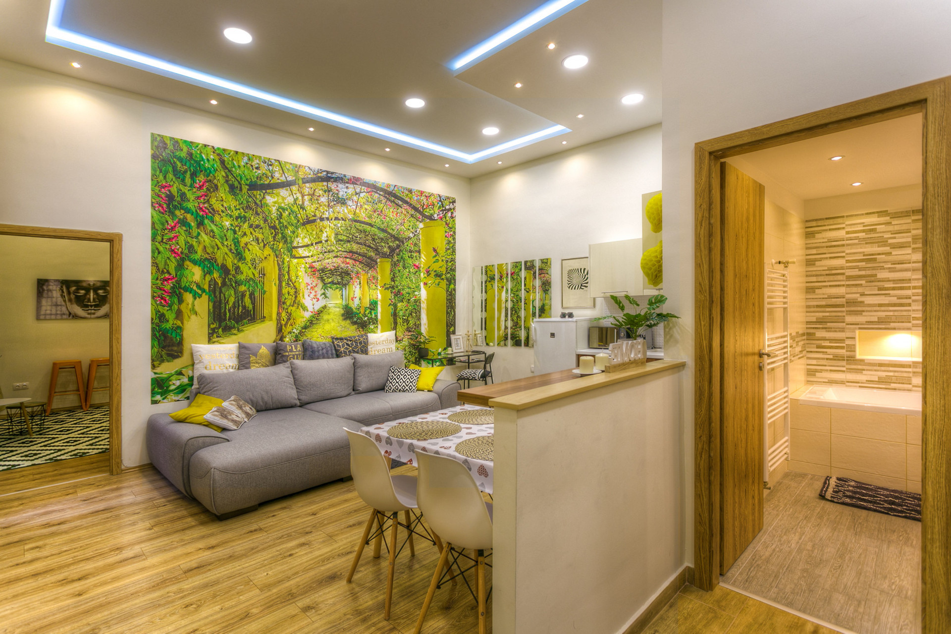 living room with kitchen and dining area 