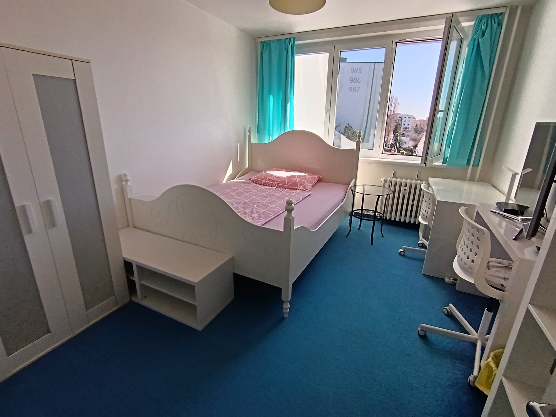 Bedroom with wardrobe and blue carpet