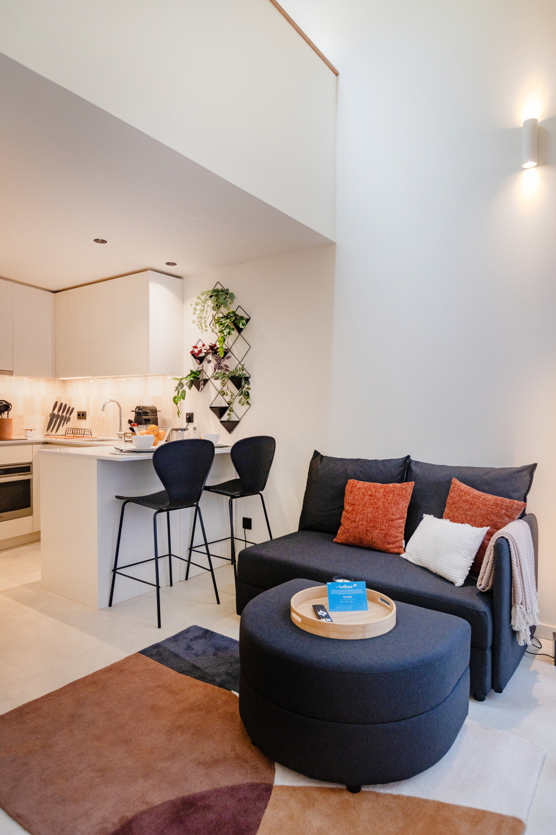 Living room with a two-seater sofa and Smart TV. Fully equipped kitchenette.