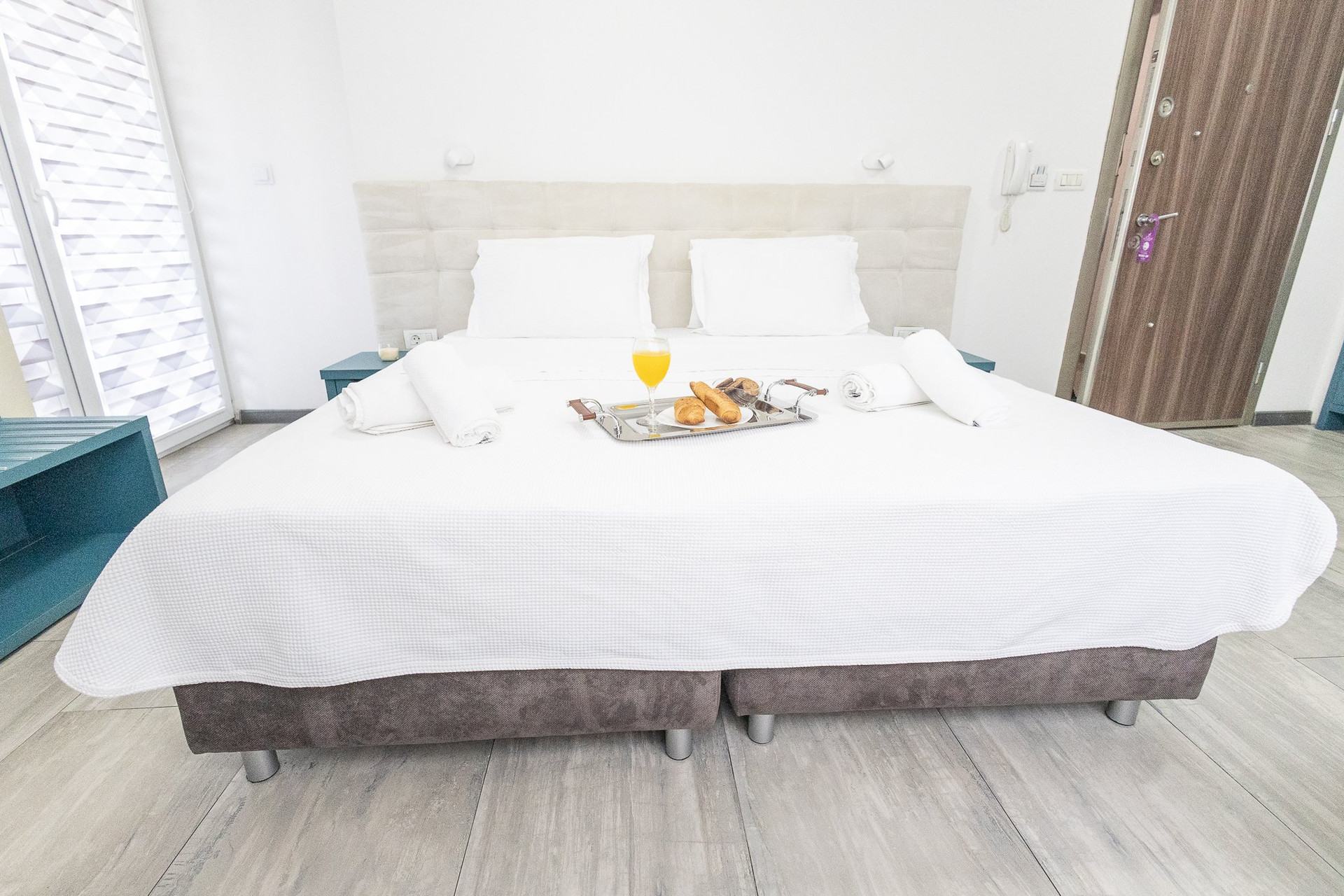 Large bed with breakfast tray