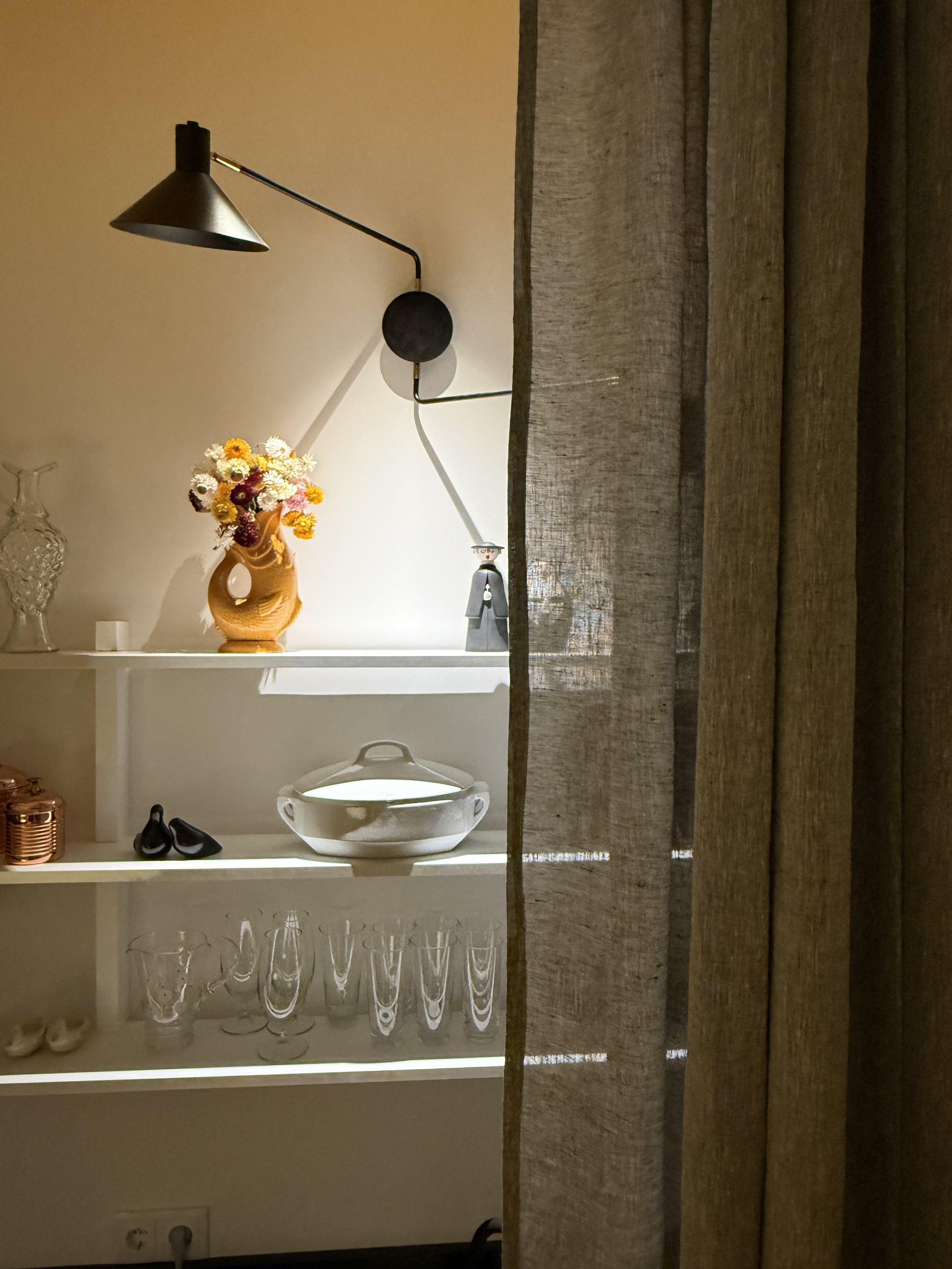 Kitchen shelves with decor and glassware