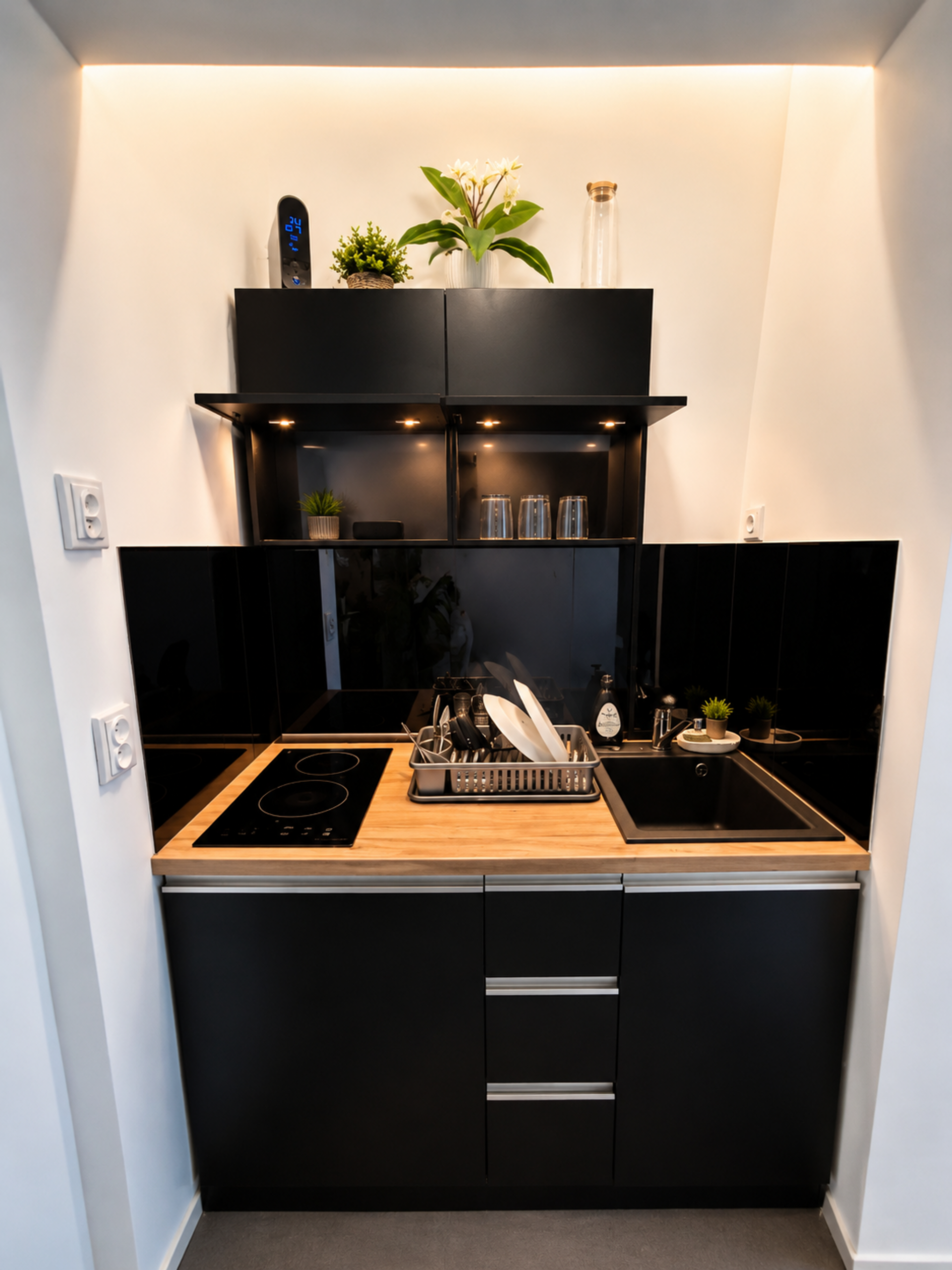 Modern black kitchen with induction hob