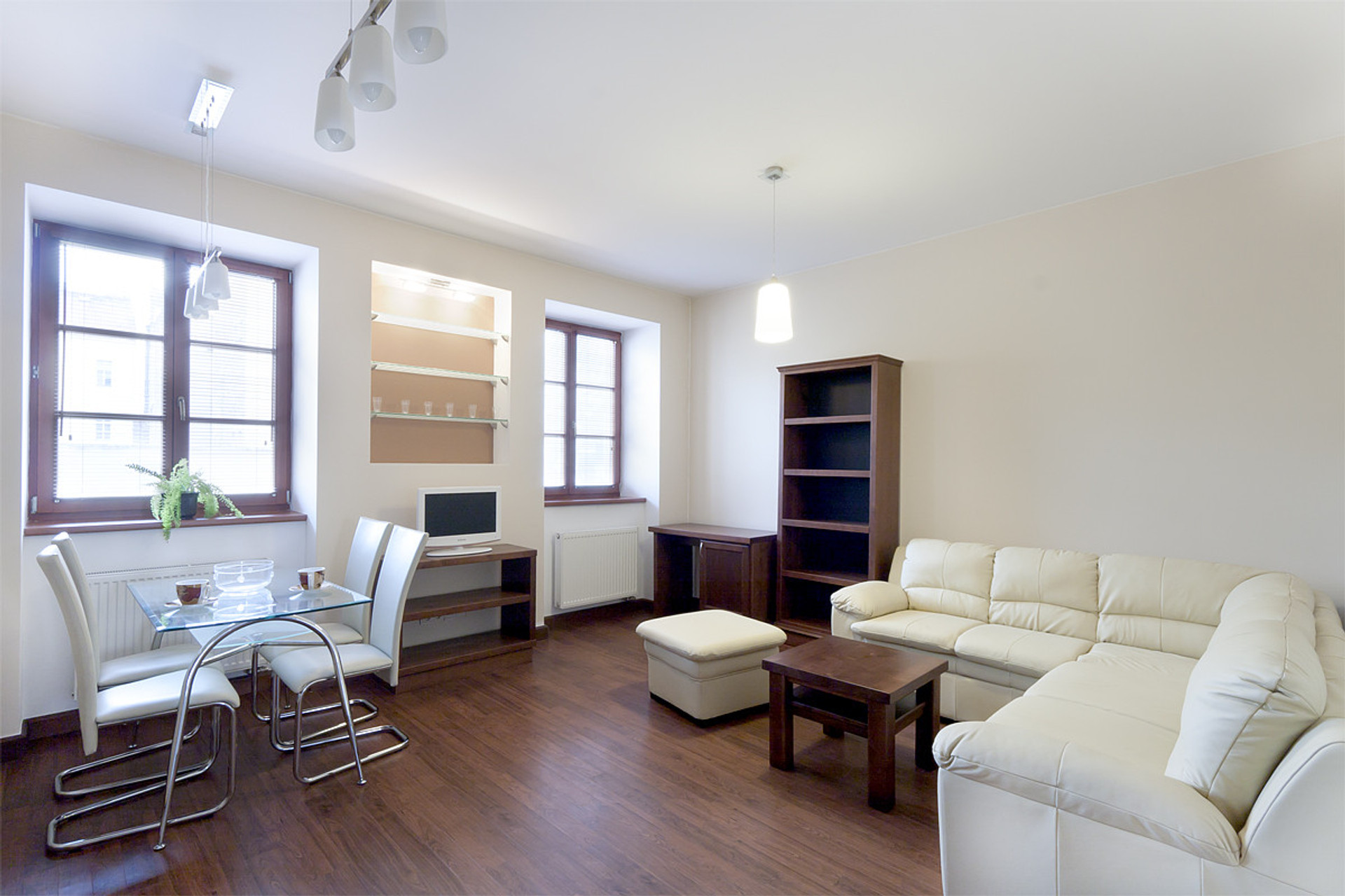 Living room with pull-out sofa, desk and TV