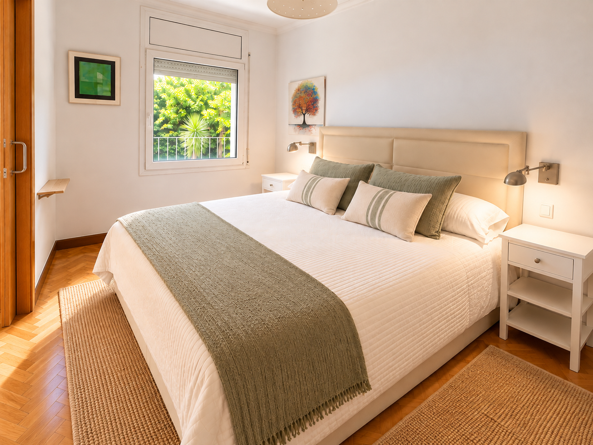 Bedroom with double bed, herringbone floor