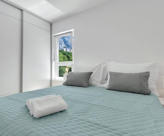 Bedroom with mountain view window